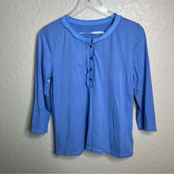 Talbots Blue Half Button Down Blouse Shirt W/ 3 Quarter Inch Sleeves - Picture 2 of 7